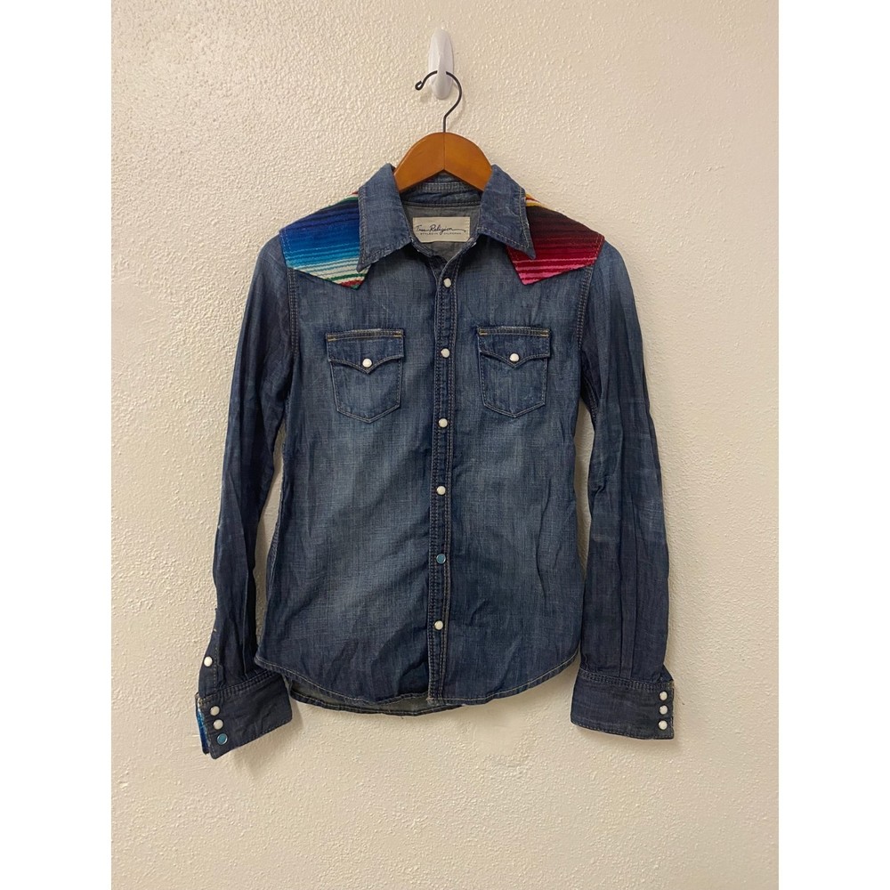 rare true religion 100% cotton rainbow denim long sleeve snap shirt size XS